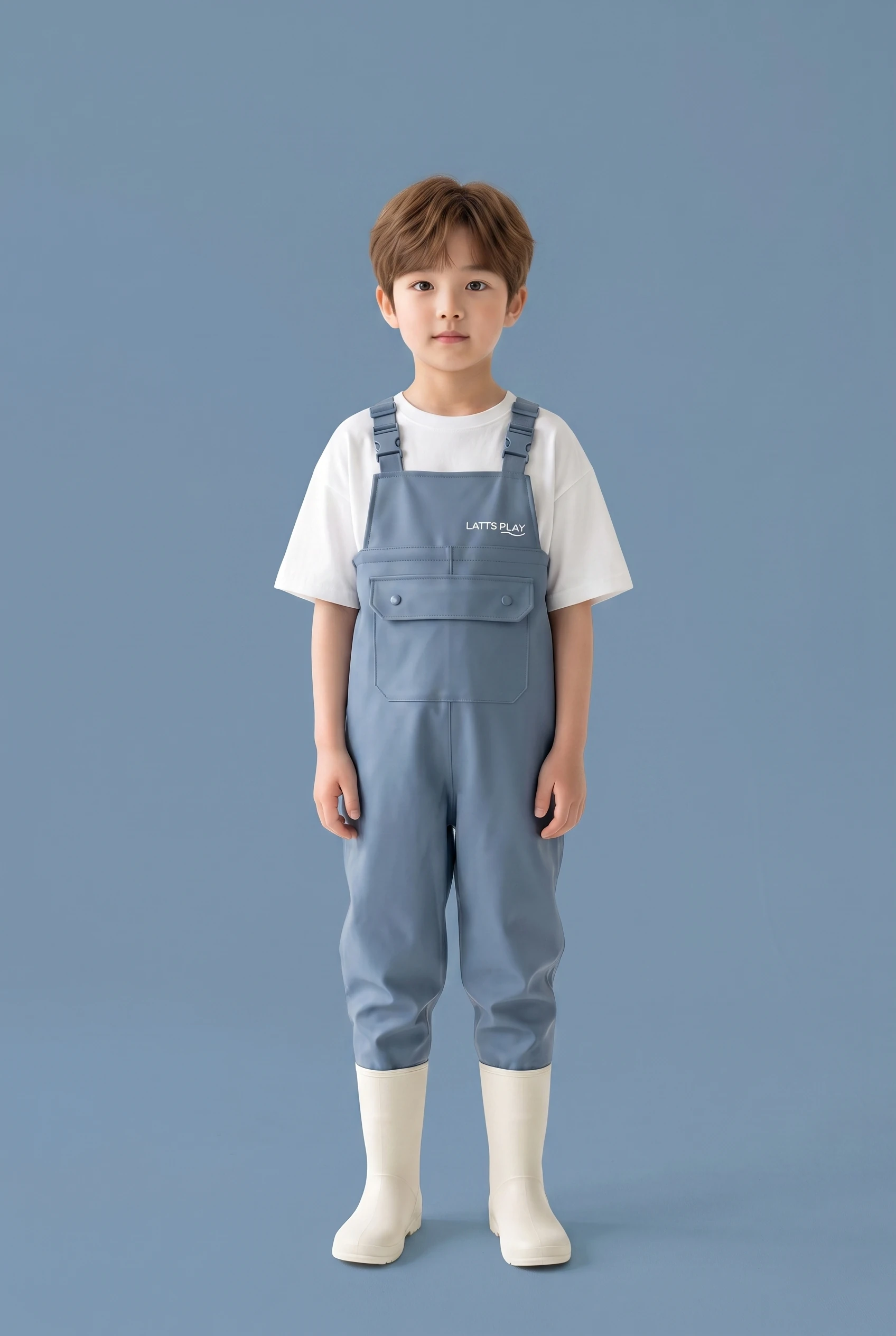 클라우드 블루 가슴장화의 전신 착용 모습