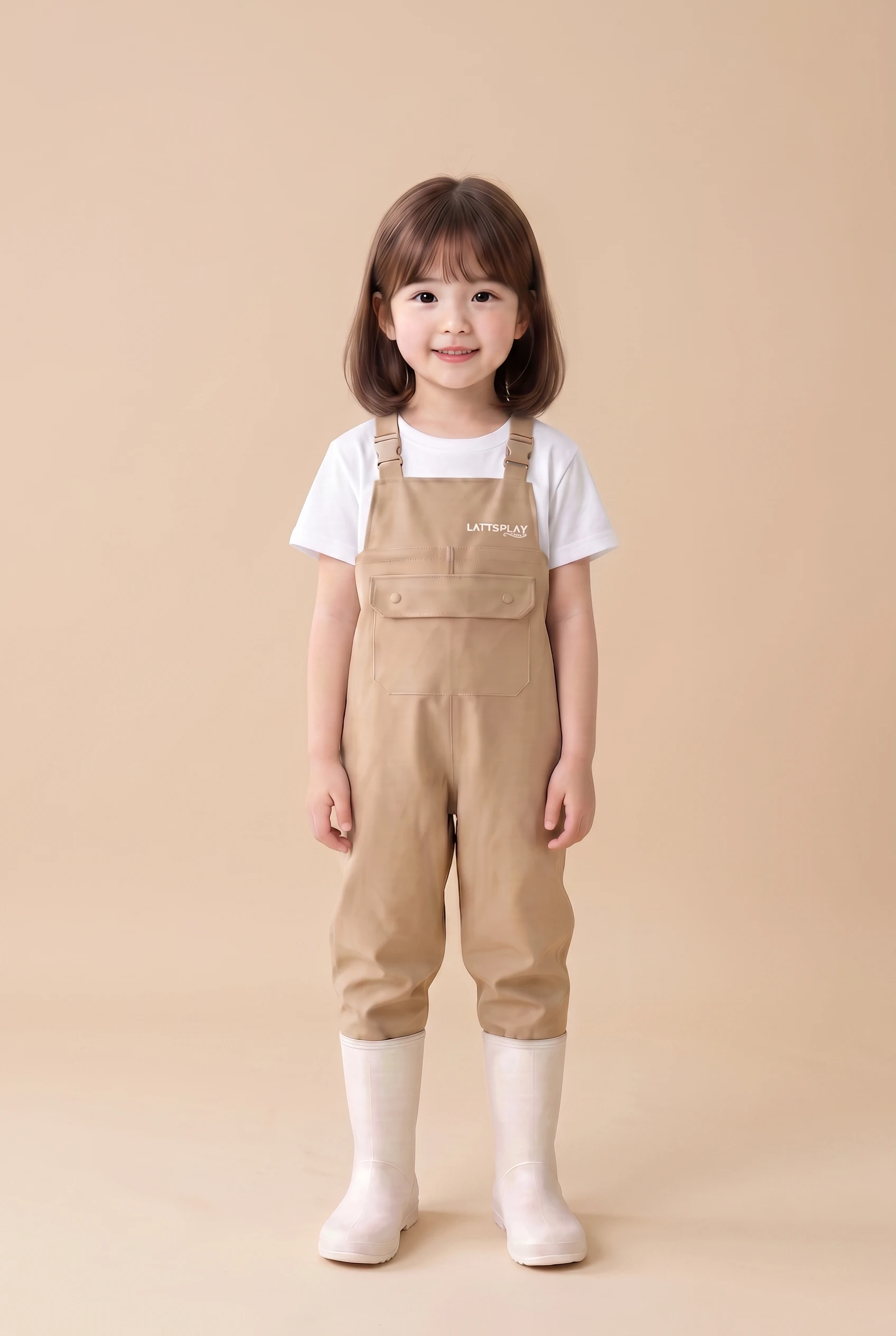 샌드 베이지 가슴장화의 전신 착용 모습